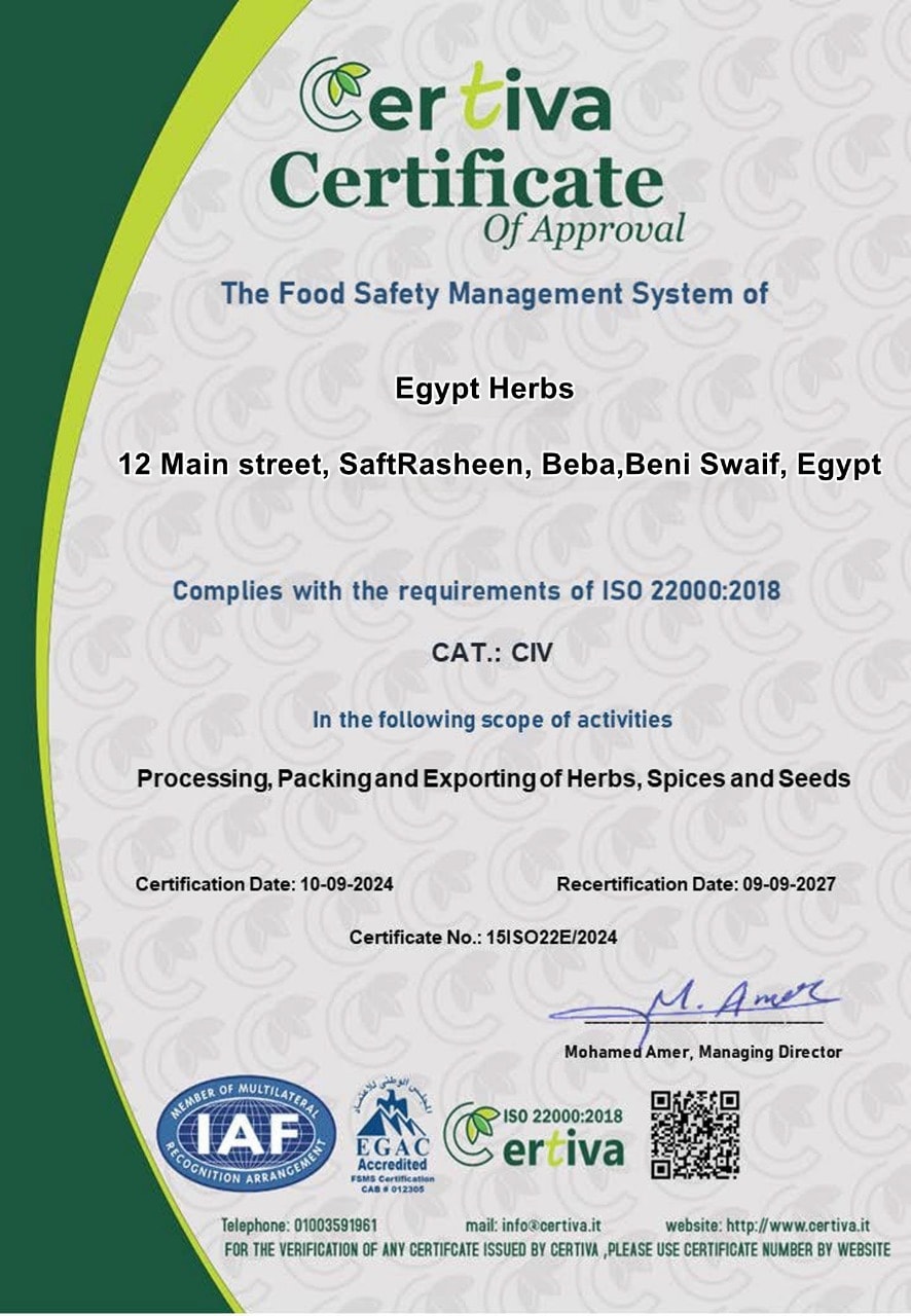 ISO 22000:2018 certification - Herbs King